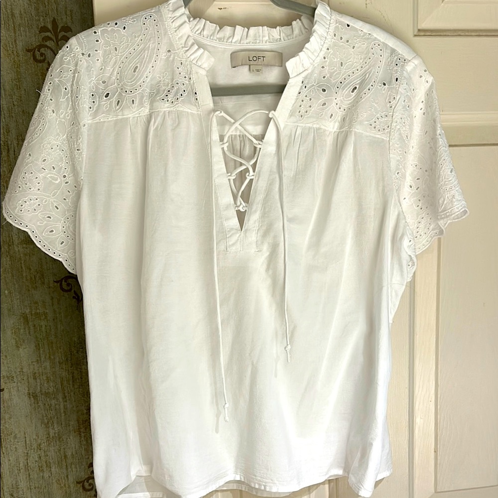 LOFT white eyelet detail short sleeve blouse